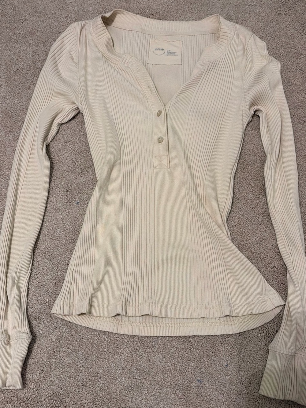 aerie Cream Ribbed Henley Long Sleeve Top
